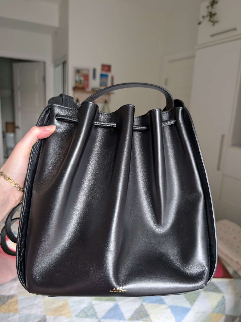 A.P.C. Courtney Black Leather Drawstring Shoulder Bag - Picture 5 of 7